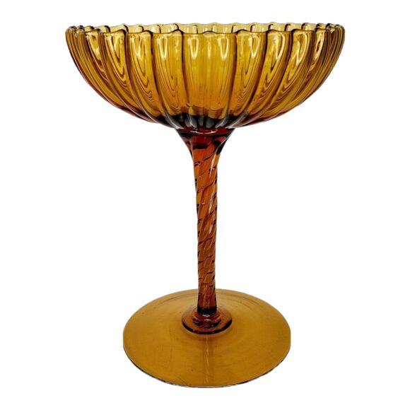 Vintage MCM Empoli Hand Blown Amber Glass Spiral Stem Ribbed Pedestal Candy Dish - Picture 3 of 7